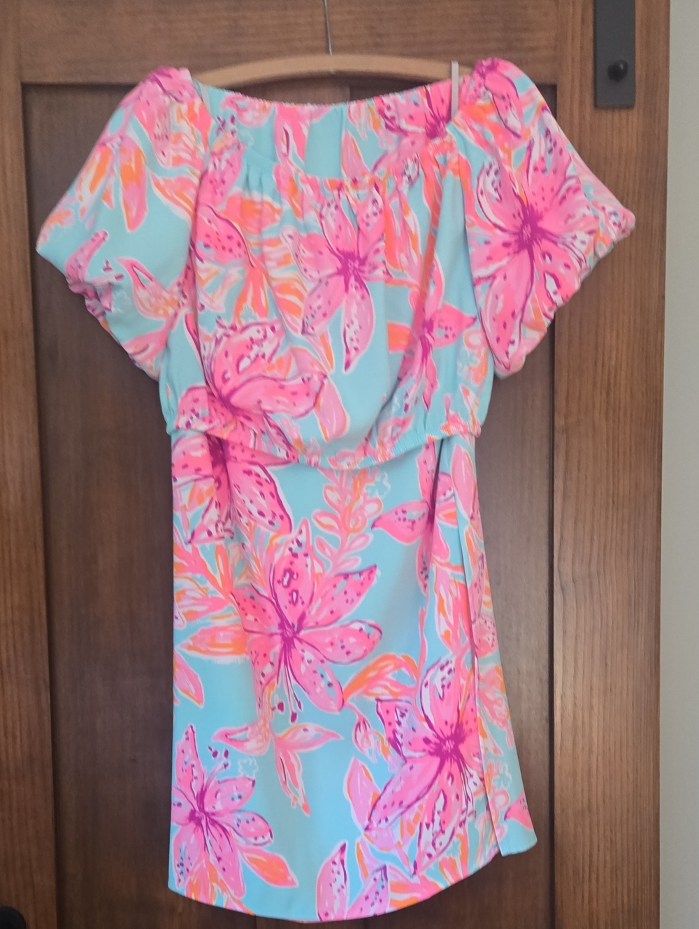 Lilly Pulitzer Off-Shoulder Floral Dress in Aqua and Pink